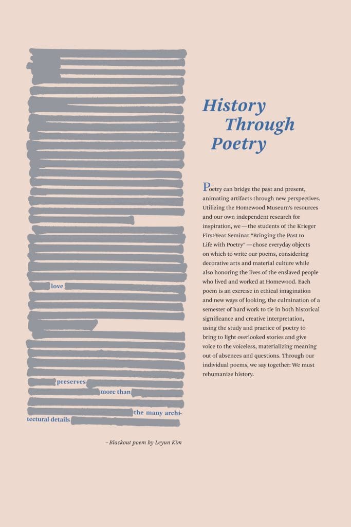 An erasure poem by student Leyun Kim, depicted as gray crossed-out lines of text on a pink background. The words that haven't been crossed out read "love / preserves / more than / the many architectural details"